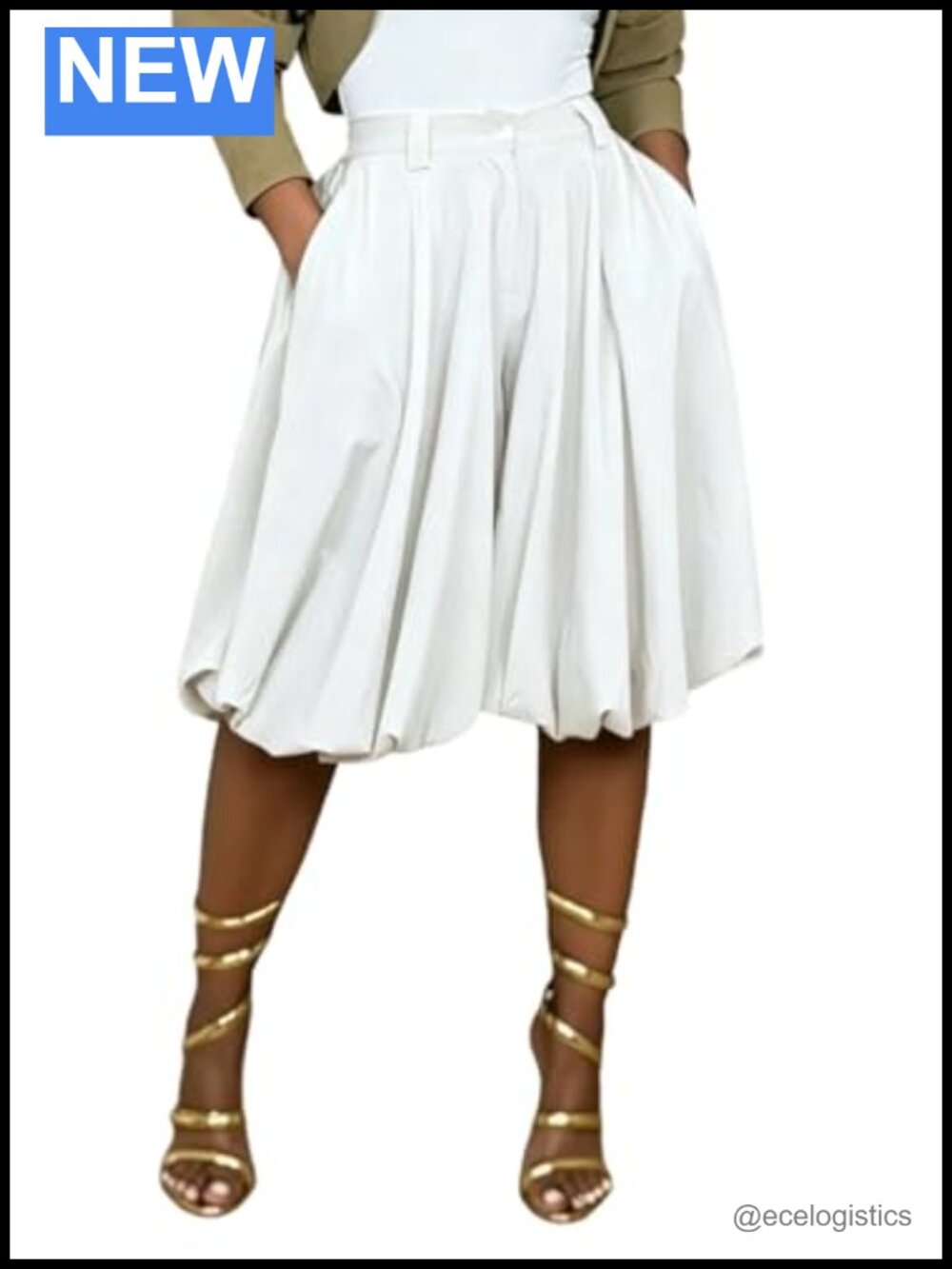 High Waisted Pleated Wide Leg Capri Pants Women's Cropped Balloon Culottes